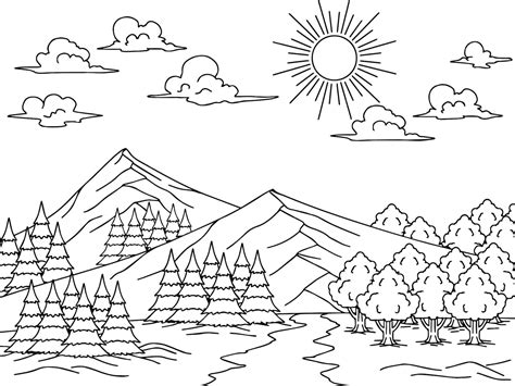 Premium Vector | Print Design Nature Landscape Outline Coloring Page