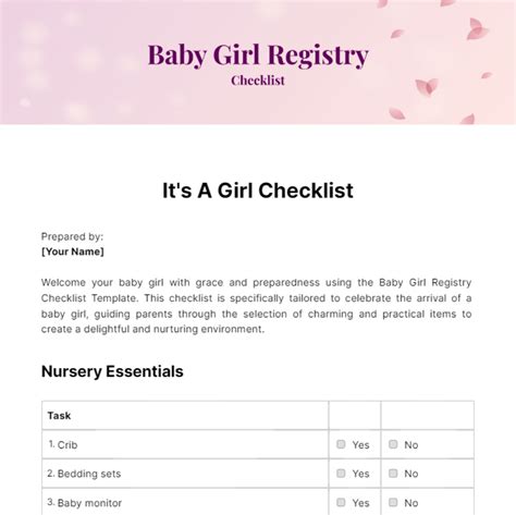 Free Baby Girl Registry Checklist Template to Edit Online
