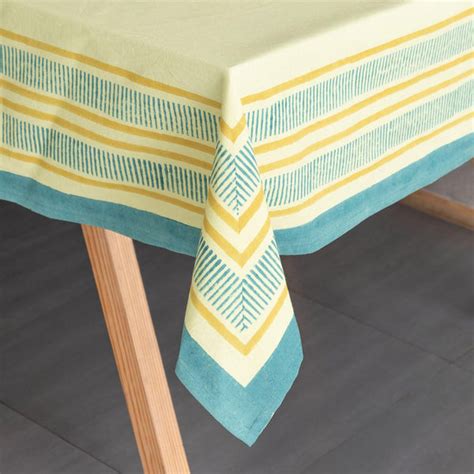 Block Print Table Cloth, Light Yellow with Blue Border – Eyaas