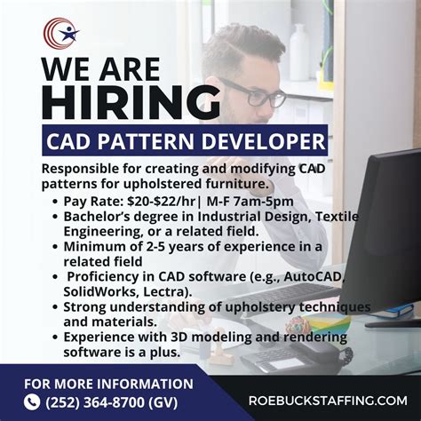 We are hiring a CAD Pattern Developer in Greenville, NC. Responsible for creating and modifying ...