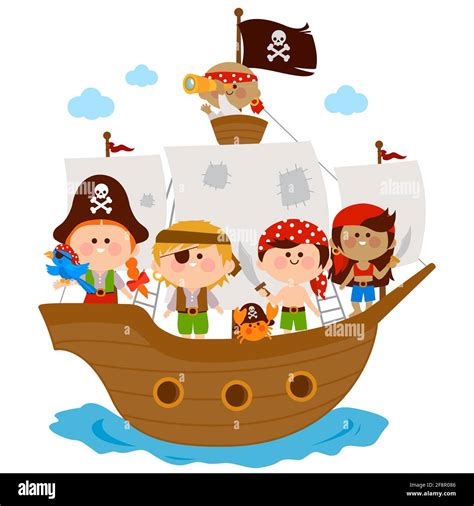 Pirate children, boys and girls sailing on a ship in the sea Stock ...