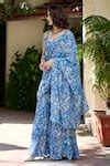 Buy Blue Muslin Embroidery Alisha Floral Print Pre-draped Sharara Saree ...