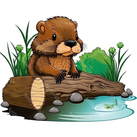 Beaver on Log Clipart PNG, Cute Woodland Animal Illustration, Nature ...