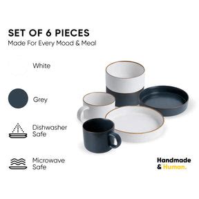 Japandi Ceramic Breakfast Set – 6 Pcs Grey & White | Modern Dinnerware