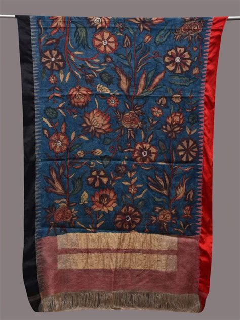 Blue Kalamkari Hand Painted Khadi Tussar Handloom Dupatta with Floral ...