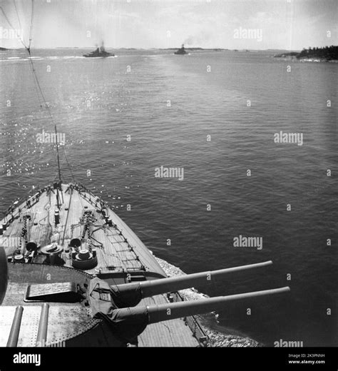 During World war II. The war ship Sverige during navy exercises at sea ...