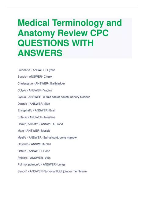 Medical Terminology and Anatomy Review CPC QUESTIONS WITH ANSWERS ...