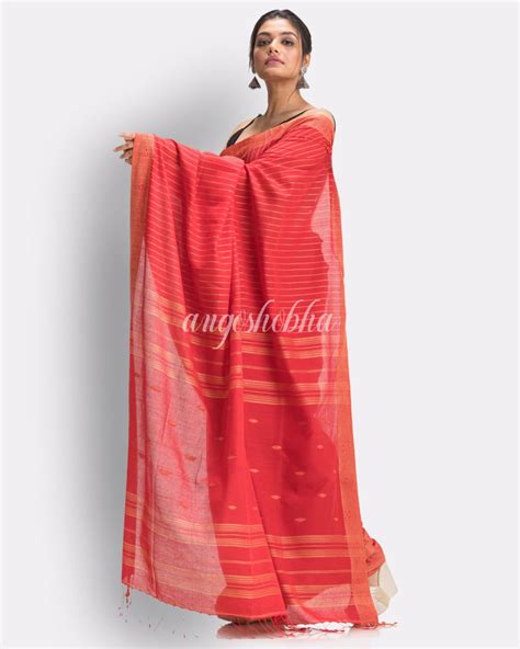 Fire Red Handloom Traditional Cotton Tangail Saree – angoshobha