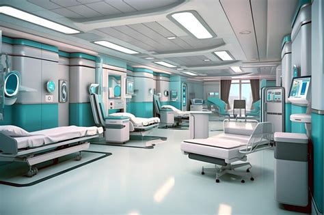 A hospital room with a green and blue hospital bed medical devices ...