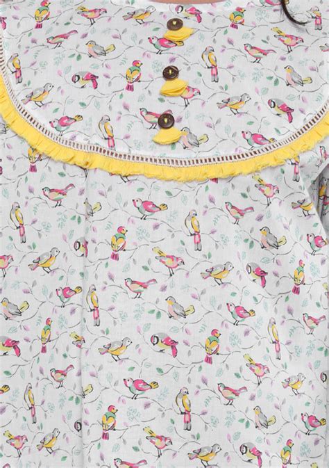 White Yellow Bird Motif Printed Cotton Nighty Dress With Sling Bag For