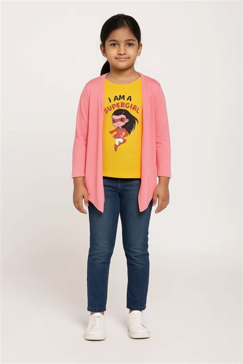 Supergirl Cartoon Print Yellow Top with Stylish Pink Shrug Girls' Outf ...