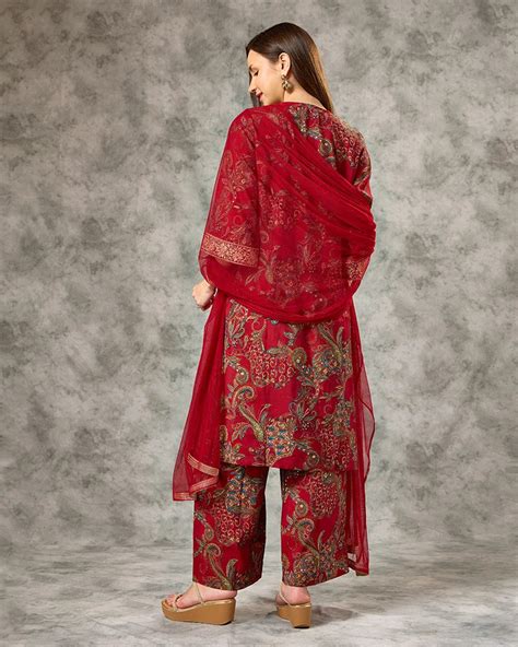 A-line All Over Floral Printed V-Neck Kurta Set with Pant & Dupatta