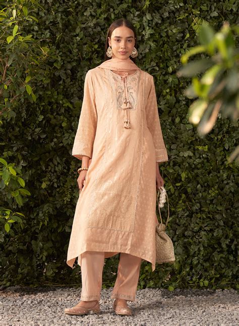 Blossom Coral Peach embroidered Chanderi Kurta Set – Lakshita