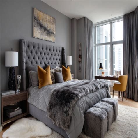 Modern Master Bedroom Design With Grey Headboard And Wooden Wall Panels