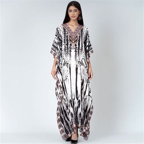 Black and White Animal Print Embellished Silk Full Length Kaftan ...