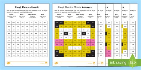 😊 Emojis Phase 2 Phonics Mosaic Worksheets (teacher made)