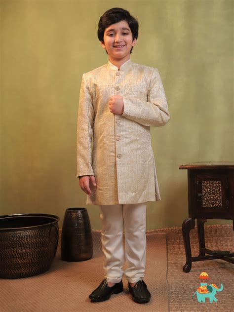 Cream Jacquard Full Sleeves Sherwani with Rich Floral Embroidery for ...