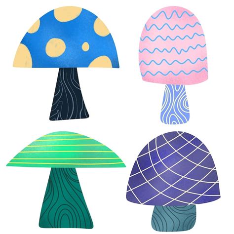 A drawing of mushrooms and a hat with a blue and green background ...