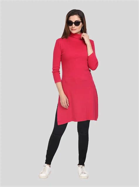 Women's Red High Neck Long Sleeve Ribbed Dress in Cotton Elastane