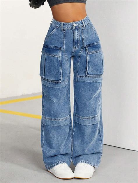 SHEIN ICON Women's Loose Fit Wide Leg Denim Jeans With Pockets For ...
