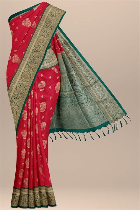 Dark Red Art Silk Saree with Meenakari Floral Motifs and Rich Golden Z ...