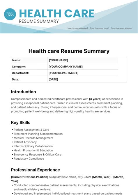 Free Health Care Resume Summary Template to Edit Online