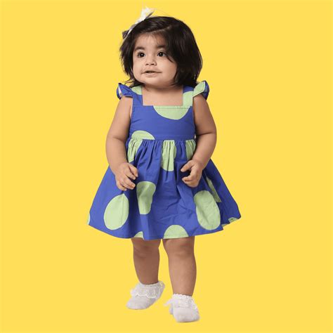 Bright Blue & Green Polka Print Organic Cotton Girl's Halter Back Dres ...