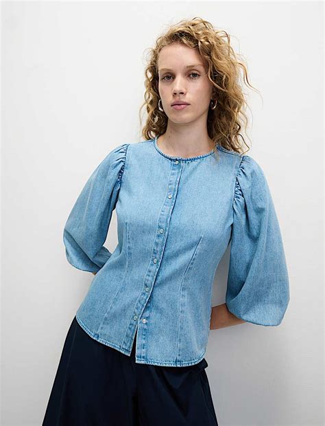 Buy Denim Button Through Puff Sleeve Blouse at Marks & Spencer