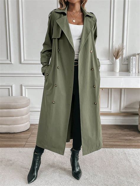 Long Olive Green Trench Coat For Office Ladies | Green trench coat ...