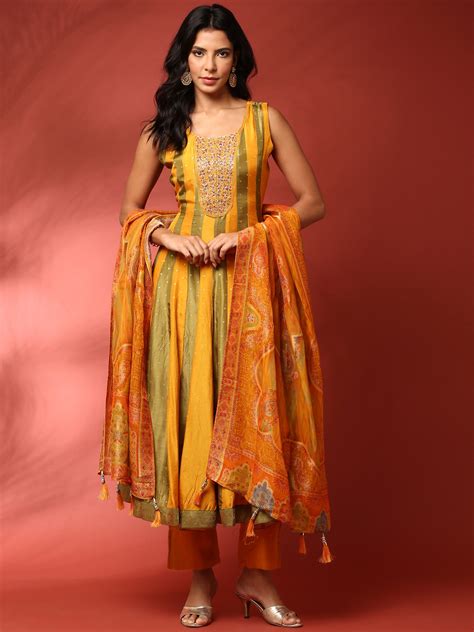 Mustard and green striped silk embroidered anarkali set – Neerus India