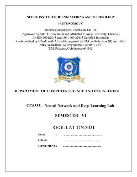 CCS335 Neural Networks and Deep Learning Lab Report - Semester VI - Studocu