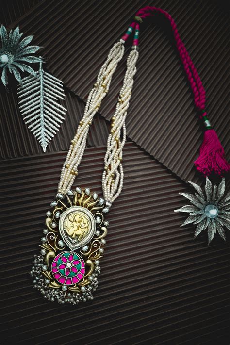 Silver Two Tone Necklace with Signature Motif and Pearl Maala – Neeta ...
