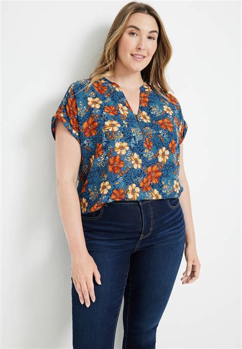 Plus Size Geneva Floral Zipper Neck Blouse | maurices