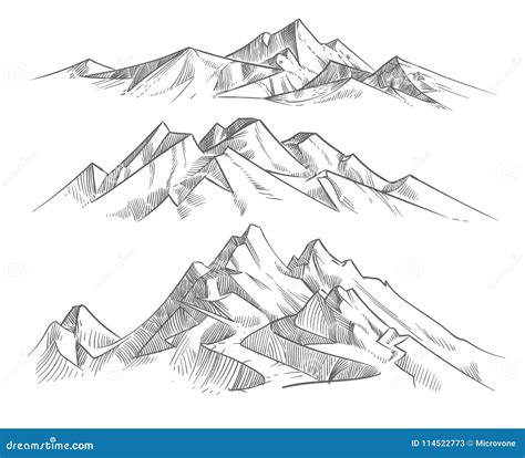 Hand Drawing Mountain Ranges in Engraving Style. Vintage Mountains ...