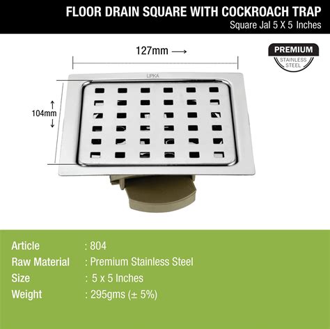 Square Jal Floor Drain (5 x 5 Inches) with Wide PVC Cockroach Trap - L ...