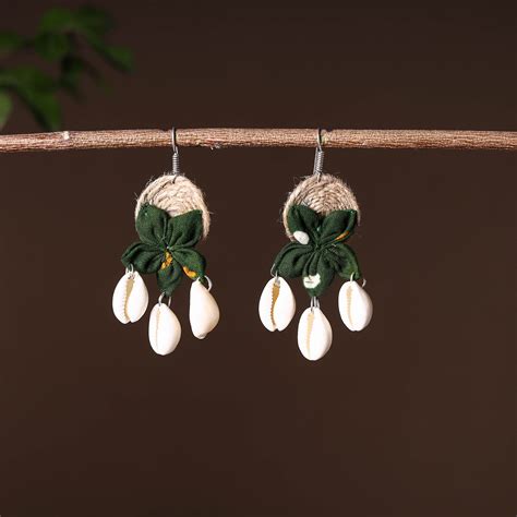 Green Handcrafted Jute Phool Kali Shell Earrings