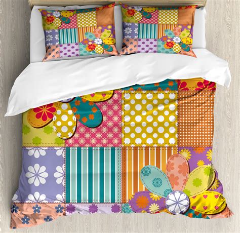 Colorful Duvet Cover Set, Various Type of Floral and Geometric Forms ...