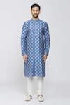 Buy Blue Kurta Cotton Printed Floral Flower And Thread Work Set For Men ...