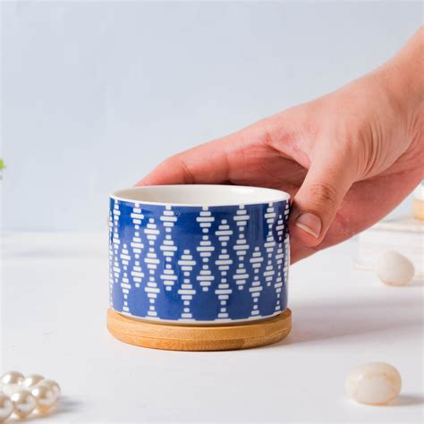 Blue Curtain Printed White Pattern Planter With Coaster Online ...