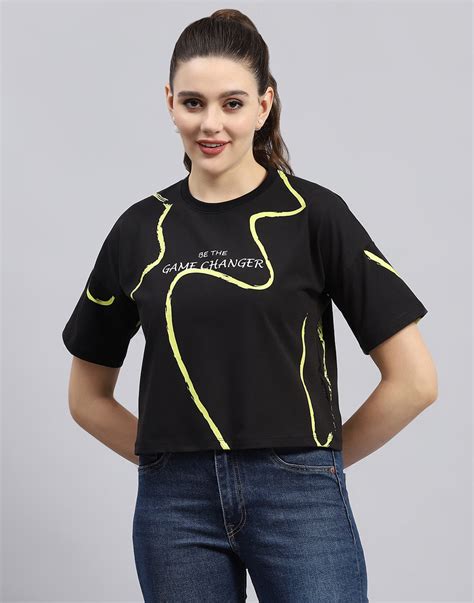 Buy Women Black Printed Round Neck Half Sleeve Top Online in India ...