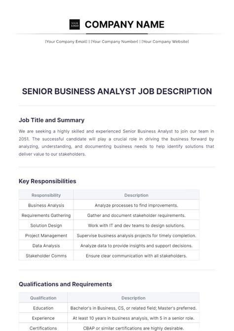 Free Senior Business Analyst Job Description Template to Edit Online