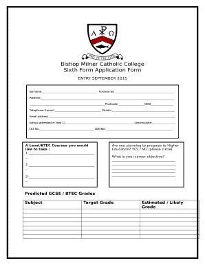 Fillable Online Bishop Milner Catholic College Sixth Form Application ...