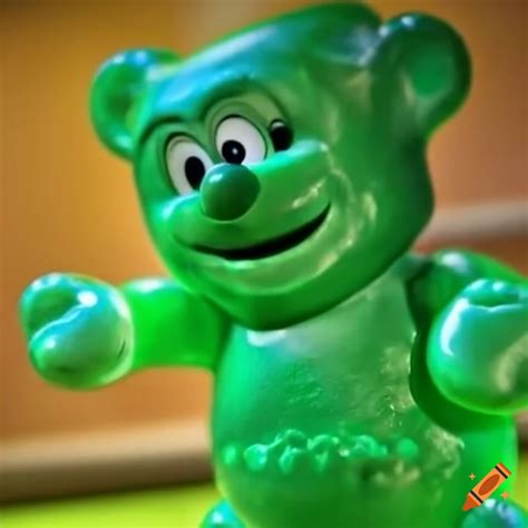 Photo of a green gummy bear next to a box on Craiyon