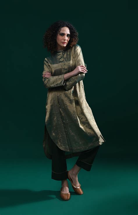 Double Box Pleat Tissue Co-Ord (Set of 2)- Mettalic Green – Hiranya