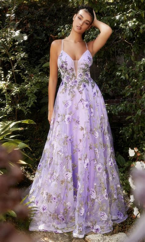 Floral-Print Long Lilac Purple Prom Dress - PromGirl