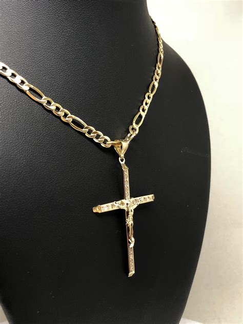 10k Solid Gold Jesus Cross Pendant Necklace Cubic Zirconia Crucifix wi ...
