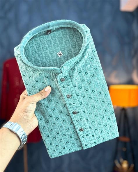 Aqua green Chikankari Sequinned Kurta: Authentic Brown Design with ...