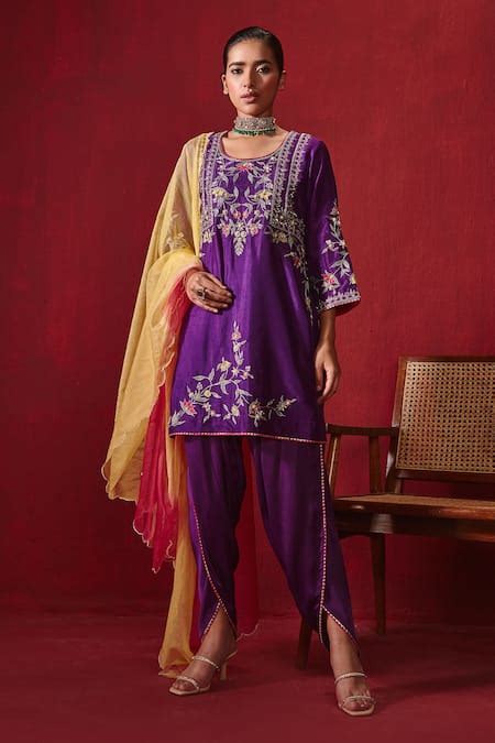 Buy Purple Dupion Silk And Organza Embroidered Floral Preet Kurta Dhoti ...