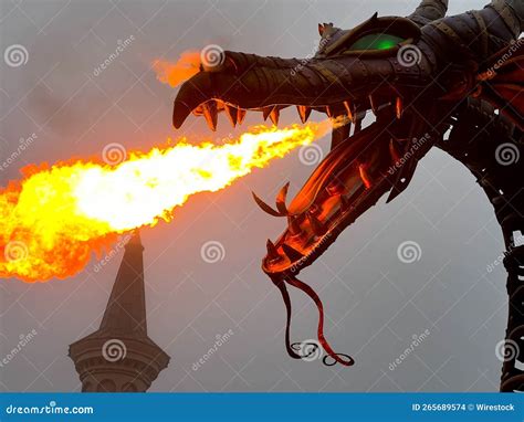 Closeup Shot of a Dragon Spitting Fire Sculpture in Disneyland Paris ...