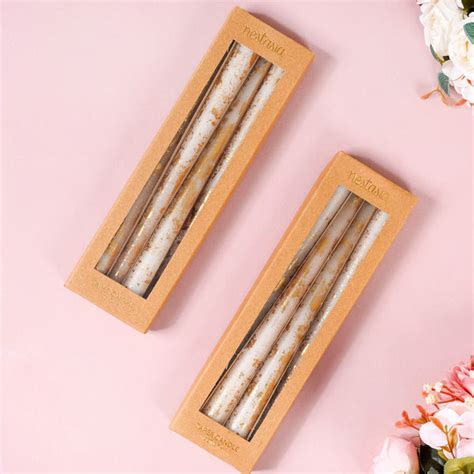 Set Of 8 White Taper Candles With Gold Film Online - Premium Candle ...